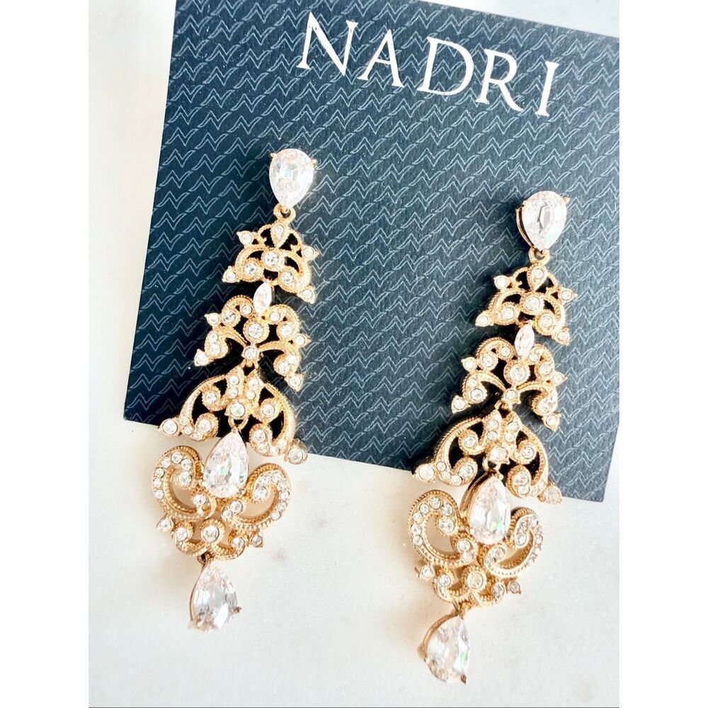 Nadri Gold Crystal Chandelier Earrings | Bridal Wedding Statement Drop CZ - Picture 5 of 6
